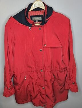 Liz Claiborne Red Hooded Parka Utility Jacket Striped Navy Lining